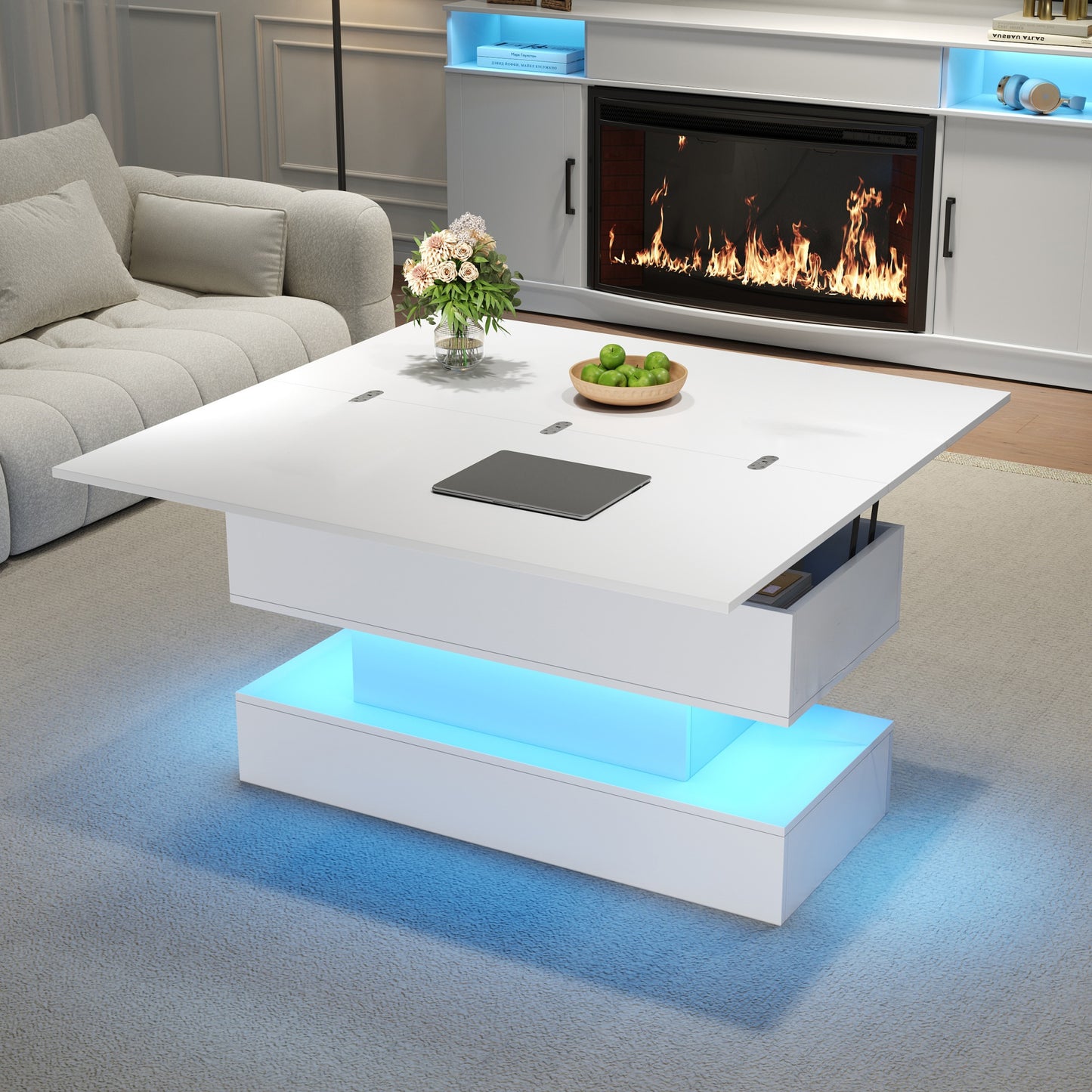 100x50x51.5cm Coffee Table With Socket,USB-C&USB Charging Socket,Multifunctional Living Room Table With LED, Liftable Coffee Table, Height Adjustable Sofa Table,Side Table And Dining Table With Storag