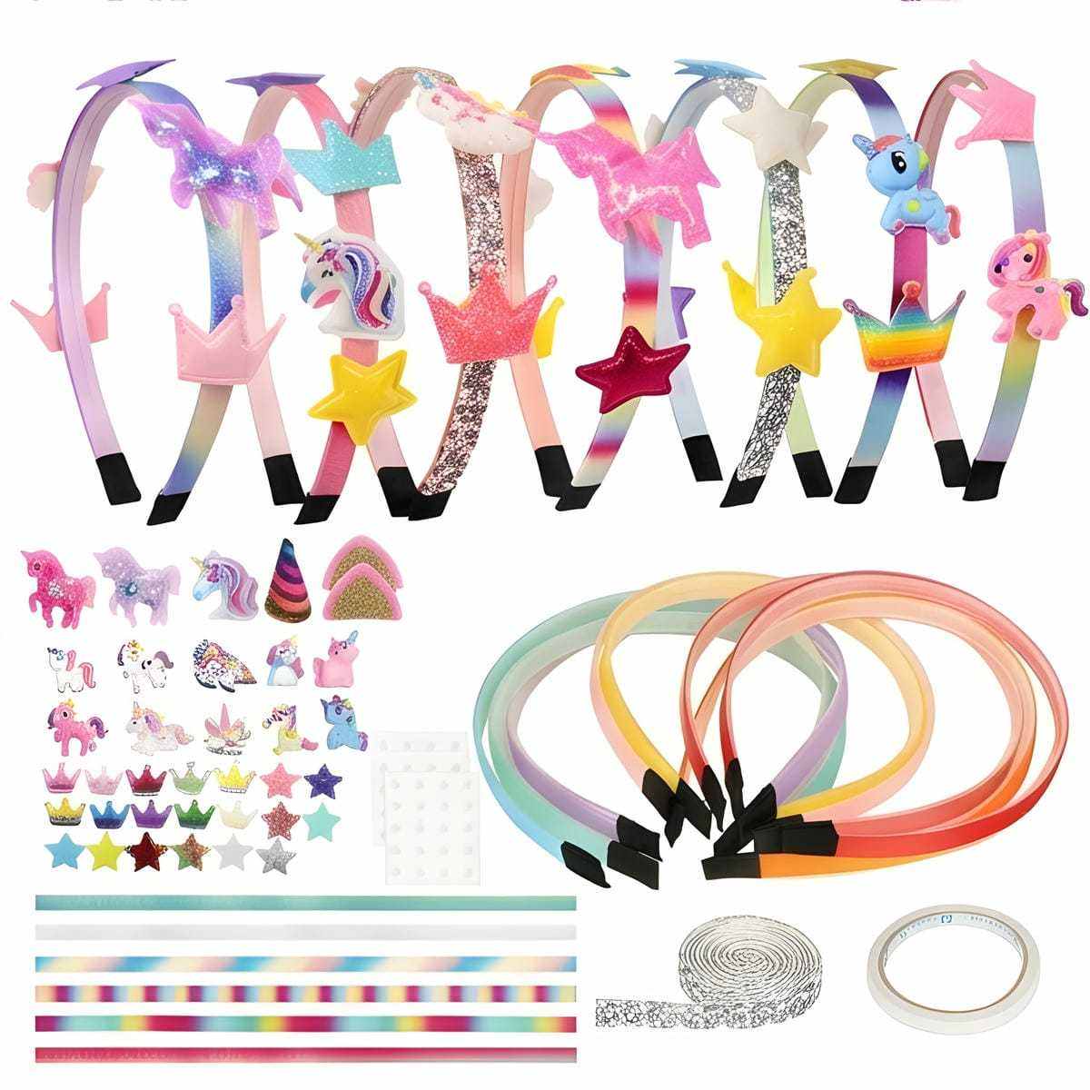 DIY Unicorn Headband Set - 8 Headbands + Accessories With Glitter, Crown, And Unicorn Embellishments - Party Accessory Set