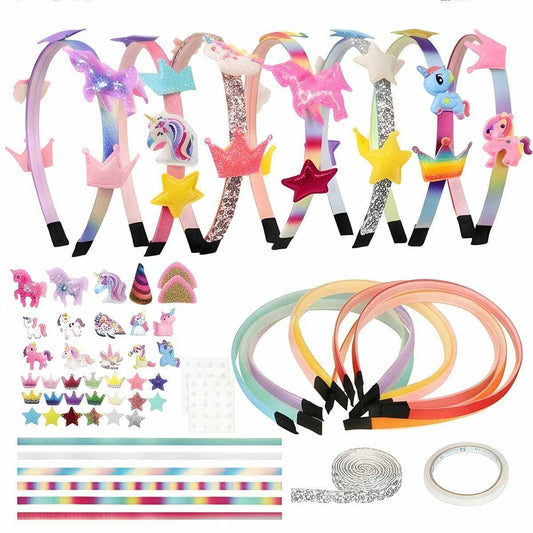DIY Unicorn Headband Set - 8 Headbands + Accessories With Glitter, Crown, And Unicorn Embellishments - Party Accessory Set