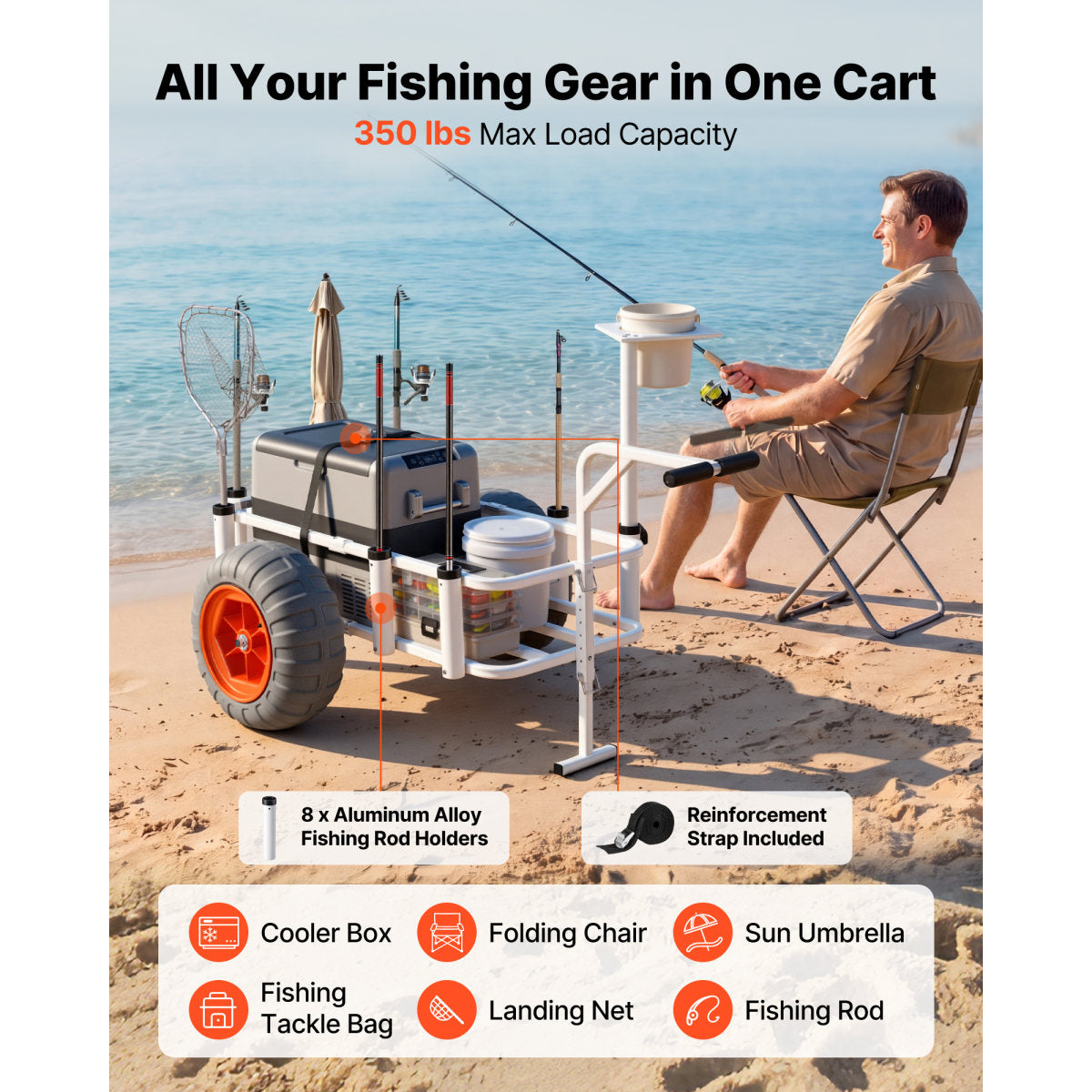 Beach Fishing Cart, 350 Lbs Load Capacity, Fishing Cart Wagon With Heavy-Duty Aluminum Alloy Frame, 16.5 In All-Terrain PU Balloon Tires, 8 Rod Holders, For Outdoor Activities Camping Picnic