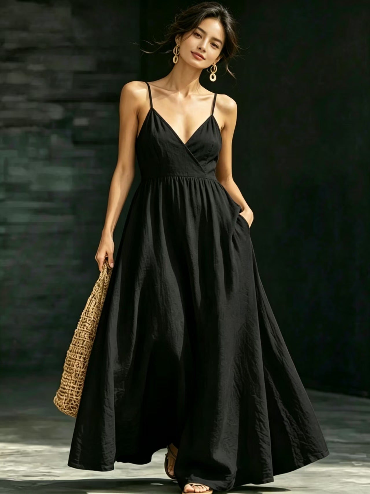 Summer V-Neck Spaghetti Strap Maxi Dress With Pockets - Elegant Vacation & Office Wear For Women