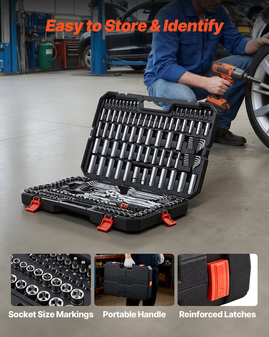 Mechanics Tool Set, 253-Piece Mechanic Tool Kit, 1/4 In, 3/8 In, And 1/2 In Drive, SAE And Metric Socket Set, Wrenches, Screwdriver Bits, Accessories, And Storage Case, For Automotive Repair