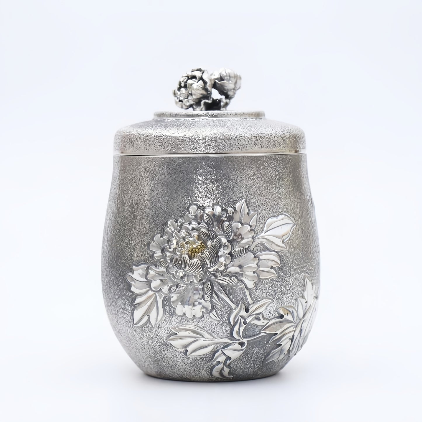 Pure 999 Fine Silver Elegant Handcrafted Silver Peony Tea Caddy with Textured Relief and Floral Lid - Handicraft