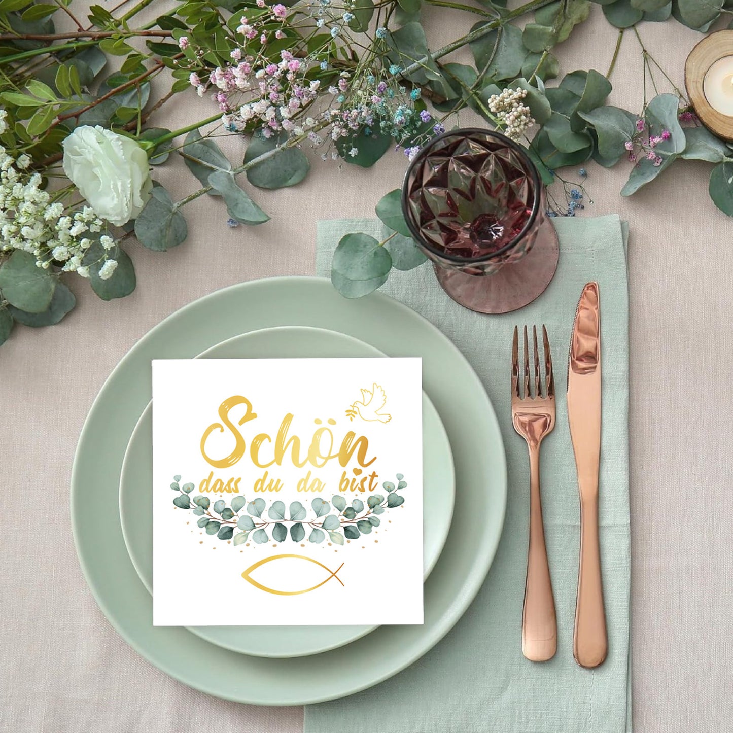 Communion Napkins, 40-Pack, Fish & Leaf Design, Festive Table Decor For Baptisms And Confirmations—White Paper Napkins With Green Leaves—Party Decor