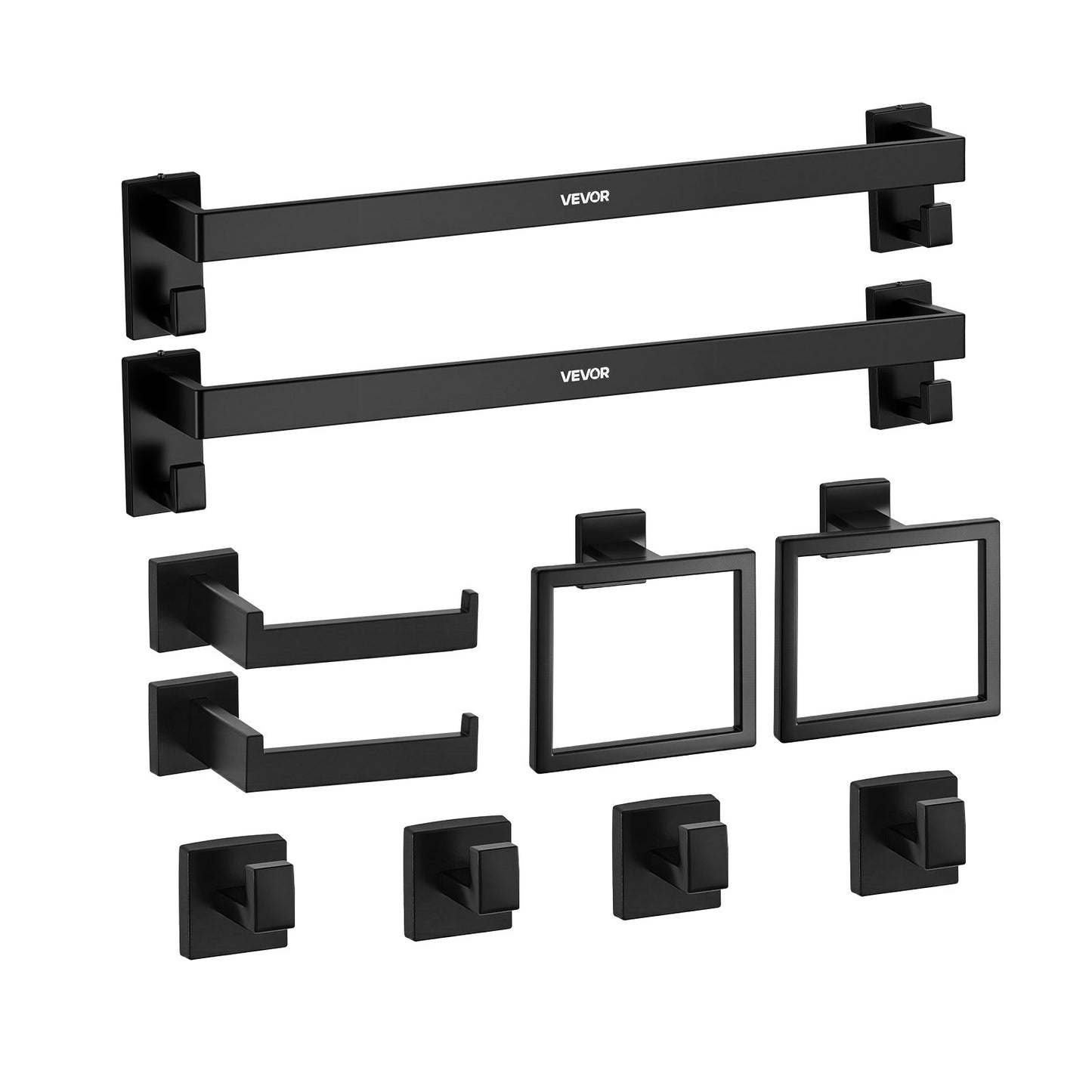 Matte Black Bathroom Hardware Set, 10-Piece Bathroom Accessories Set, 2 Stainless Steel 24-in Towel Bars, 2 Towel Racks, 4 Robe Towel Hooks, 2 Toilet Paper Holders For Bath Room, Wall Mounted