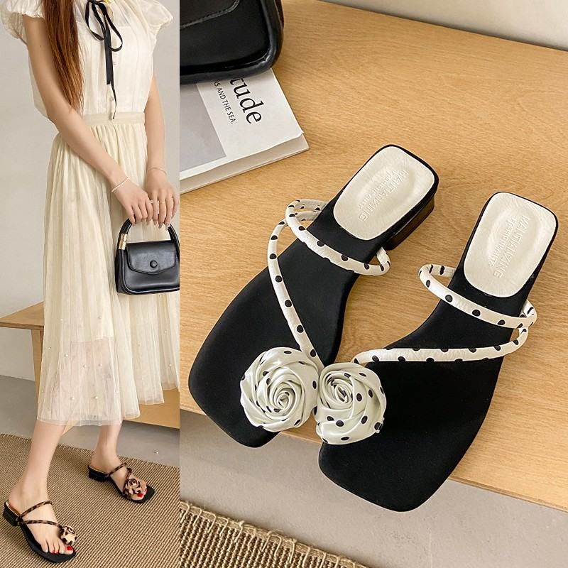 Women Vintage Elegant Block Heel Toe Loop Slide Sandals, Outdoor Wear, 2026 New French Style Summer Slip On Mules For Dresses