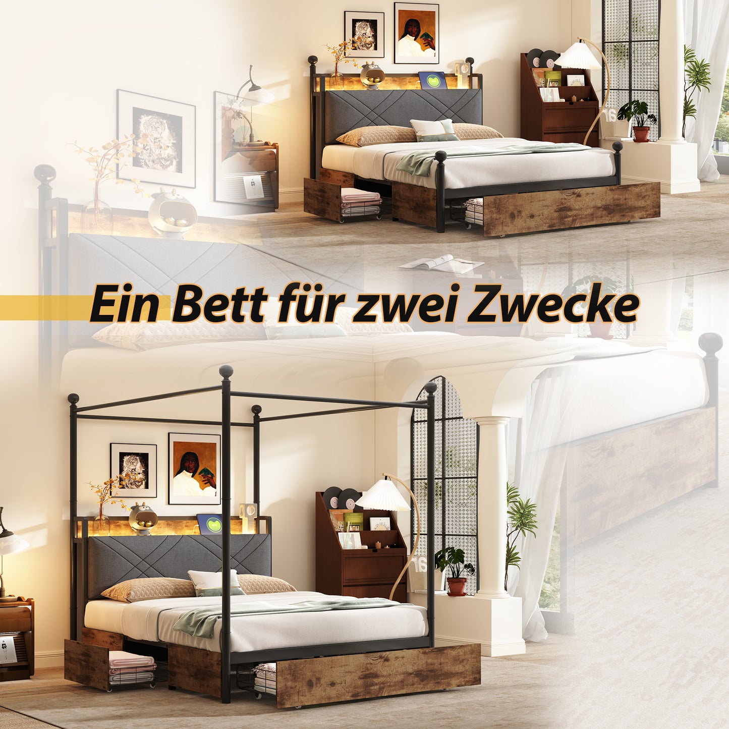 Multifunctional Double Bed 140 X 190, With Storage Space And Iron Canopy, With Removable Bed Posts With LED Lighting And USB Type-C Charging Ports And Three Drawers, Black