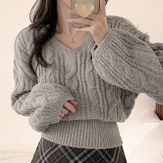 New Korean-style Relaxed-fit Solid-color Cable-knit Sweater With Lantern Sleeves
