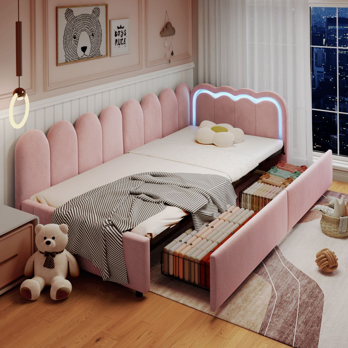 3ft Single Daybed With Smart RGB LED Lights And 2 Storage Drawers, Modern Velvet Youth Bed With Scalloped Backrest And Wooden Slats, Reversible Side Panel, Easy Assembly, Pink  No Mattress