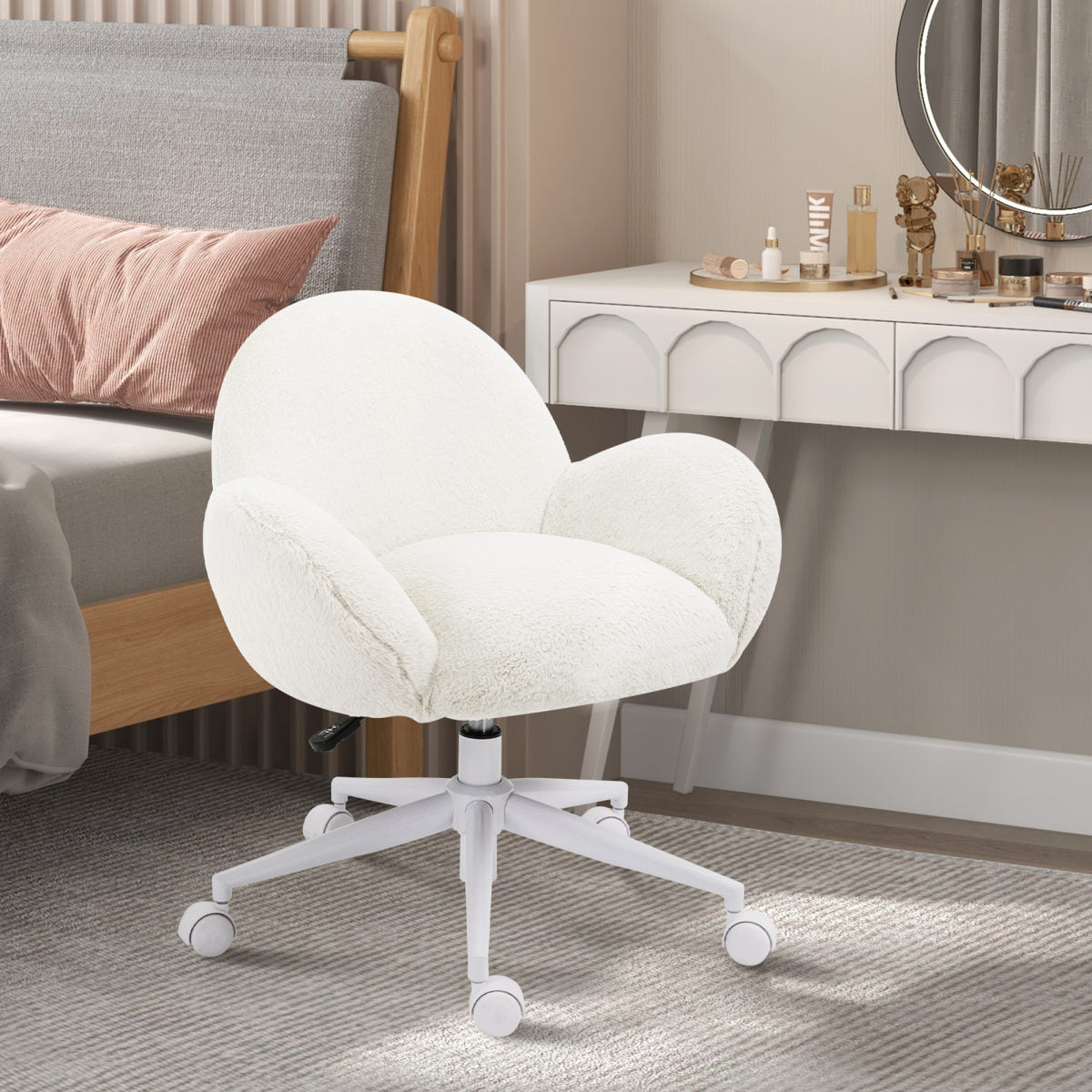Makeup Vanity Chair, Cute Fluffy Desk Chair With Rolling Wheels For Bedroom Living Room, Cream White
