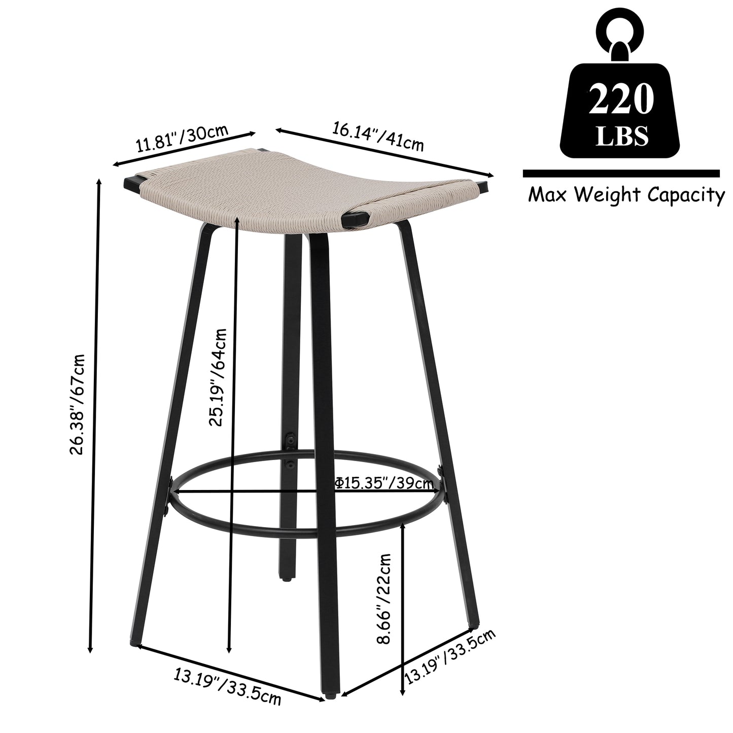Counter Height Bar Stools Backless Handwoven Kitchen Dining Chairs With Round Footrest Set Of 2 PVC Weaving Pub Stool For Indoor & Outdoor  Black & Creamy White
