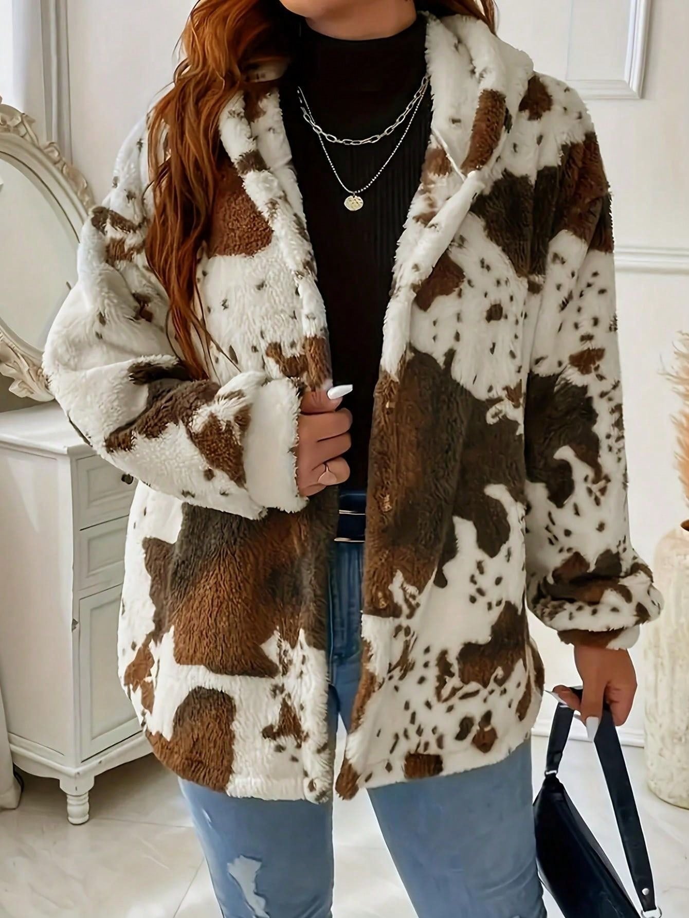 Women's Cow Print Button Plush Coat, New European & American Casual Fashion Hoodie
