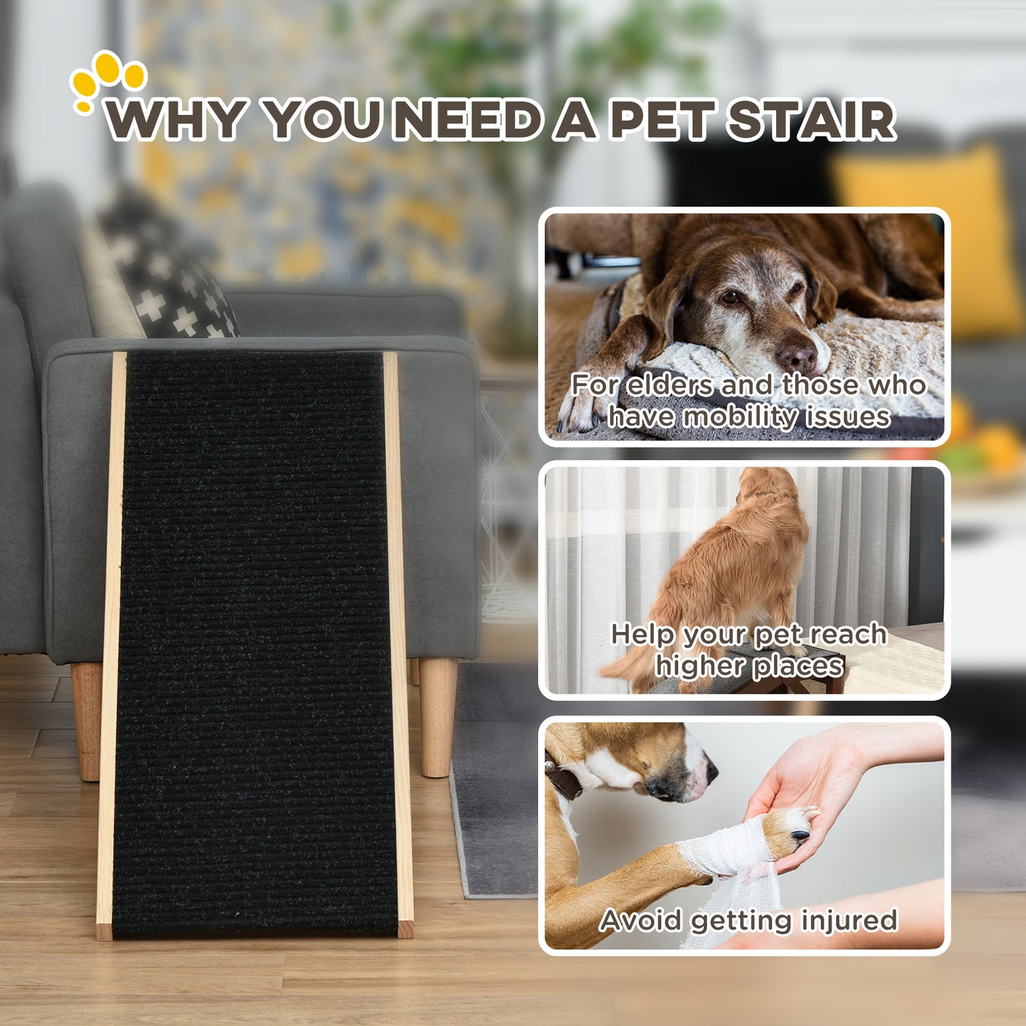 Elevated Dog Ramp for Bed, Foldable and Height Adjustable Pet Ramp for Cats with Non-Slip Finish, Pine 35.5" L x 16" W x 24" H, Black