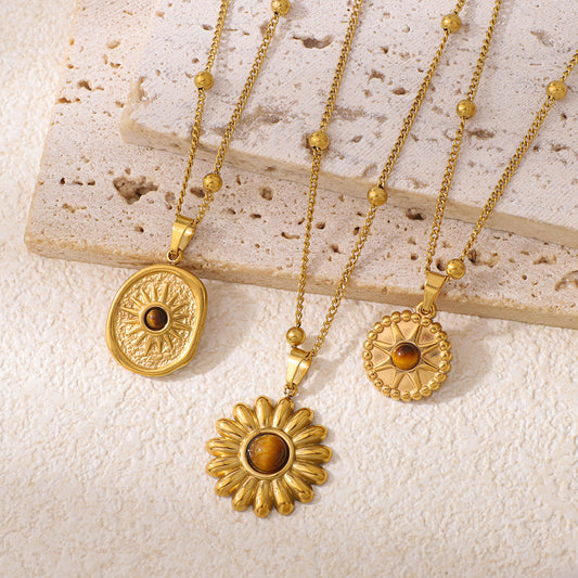 Yellow Tiger Stone Pendant Necklace 304 Stainless Steel Clavicle Chain Light Luxury Niche Jewelry Accessories Necklace Wholesale In Stock