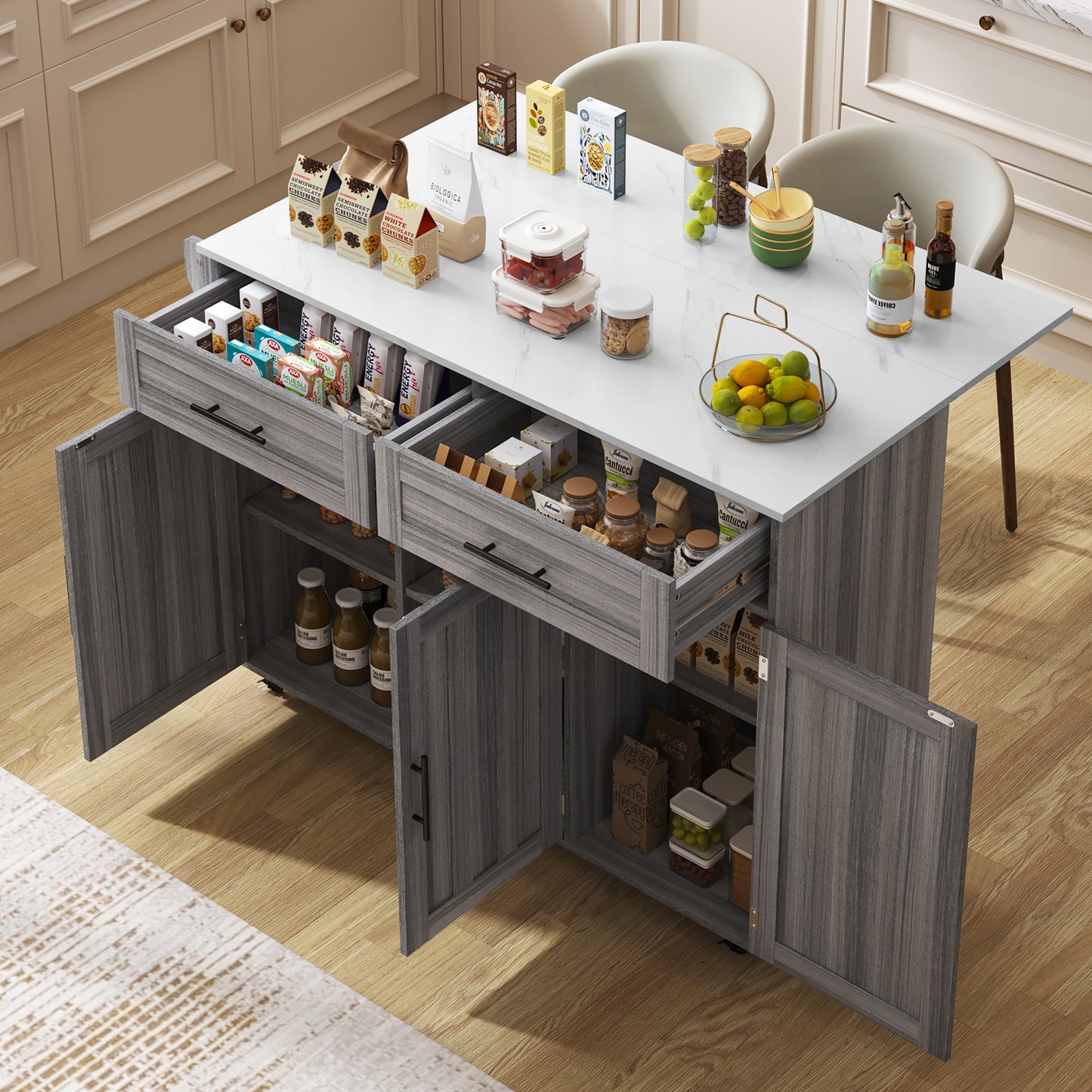 129x46-71x91.5cm Dining Table Trolley  Sideboard With Folding Table Top, Internal Shelves In The Cabinet Doors, Kitchen Island On 5 Wheels With Storage Cabinets And 2 Drawers, For The Dining Room,
