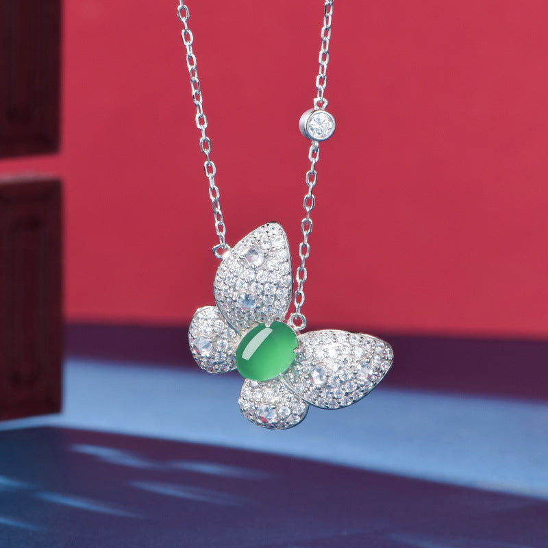 S925 Sterling Silver Butterfly Necklace, 8x6mm Oval Green Chrysoprase Pendant, Platinum Plated 45cm Chain, 5.0g Elegant Women's Jewelry With Gift Box