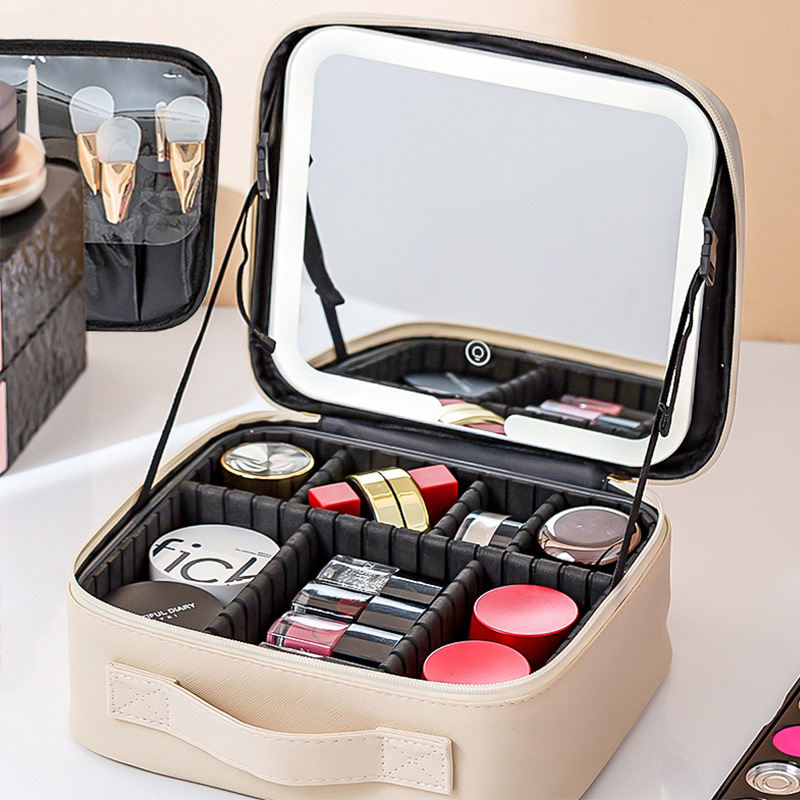 Makeup Bag With Mirror And Light Rechargeable PU Leather Travel Storage Box