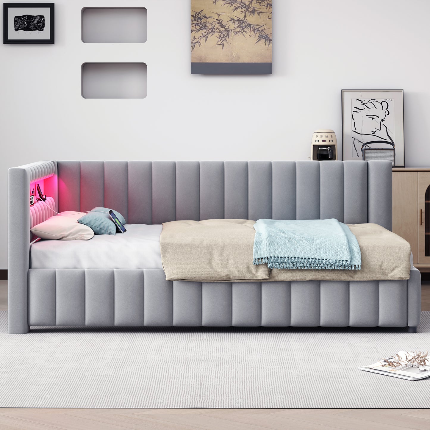 Upholstered Bed Sofa Bed 140x200, Upholstered In Velvet Fabric With LED Light And USB Charging Port, With Backrest, Headboard And Sturdy Bed Frame Grey