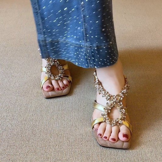 Stunning Rhinestone Cross Ankle Strap Fashion Elegant Square Toe Comfy Irregular Wedge Open-toe Sandals