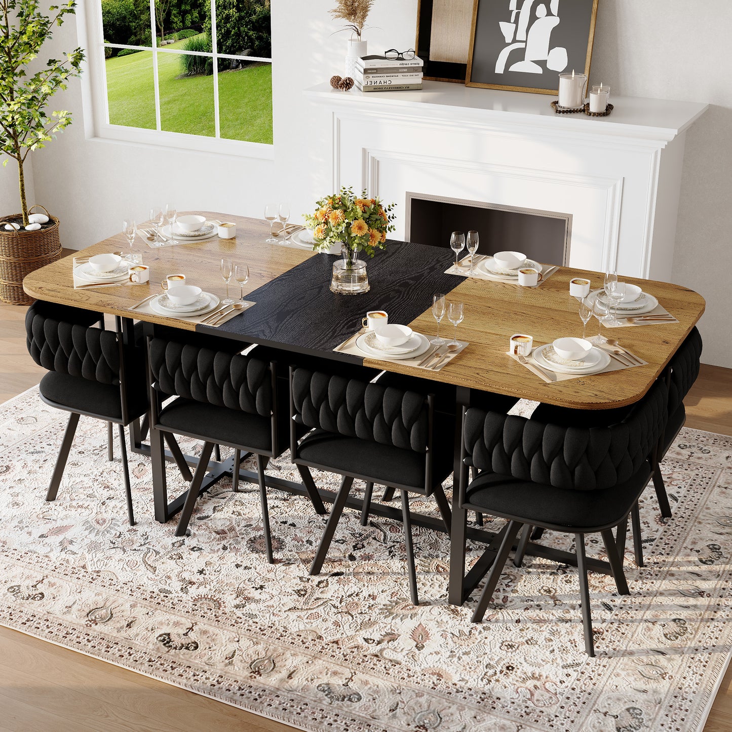 9-Piece Square Dining Table Set, Fixed Two-Tone Wood Grain & Black Wood Grain Triamine Tabletop With 8 Black Velvet Chairs, Modern Kitchen Table Set For 8 People, Ideal For Family Gatherings