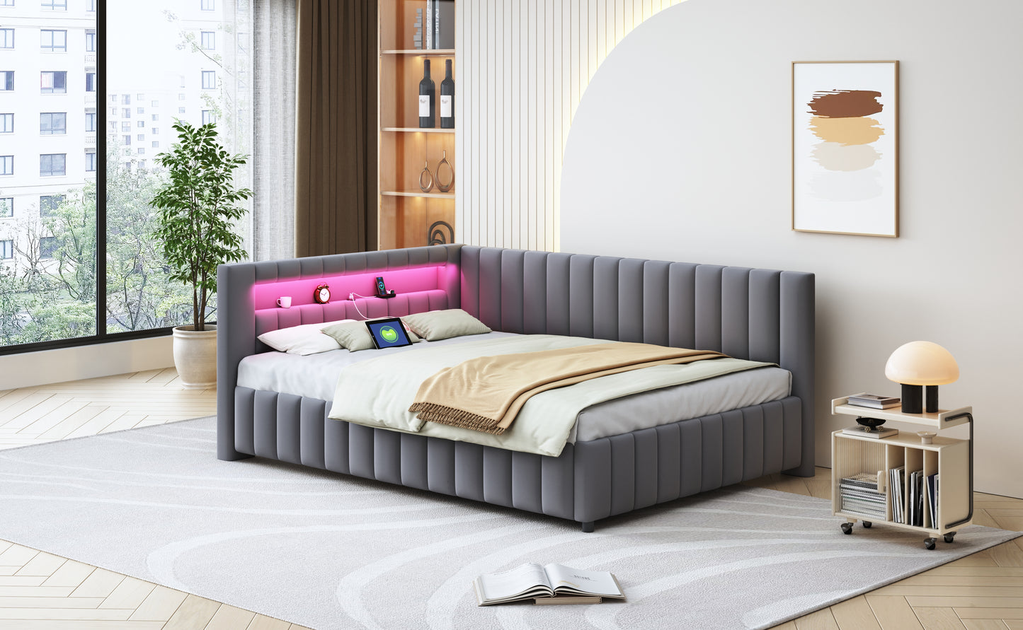 Upholstered Bed Sofa Bed 140x200, Upholstered In Velvet Fabric With LED Light And USB Charging Port, With Backrest, Headboard And Sturdy Bed Frame Grey