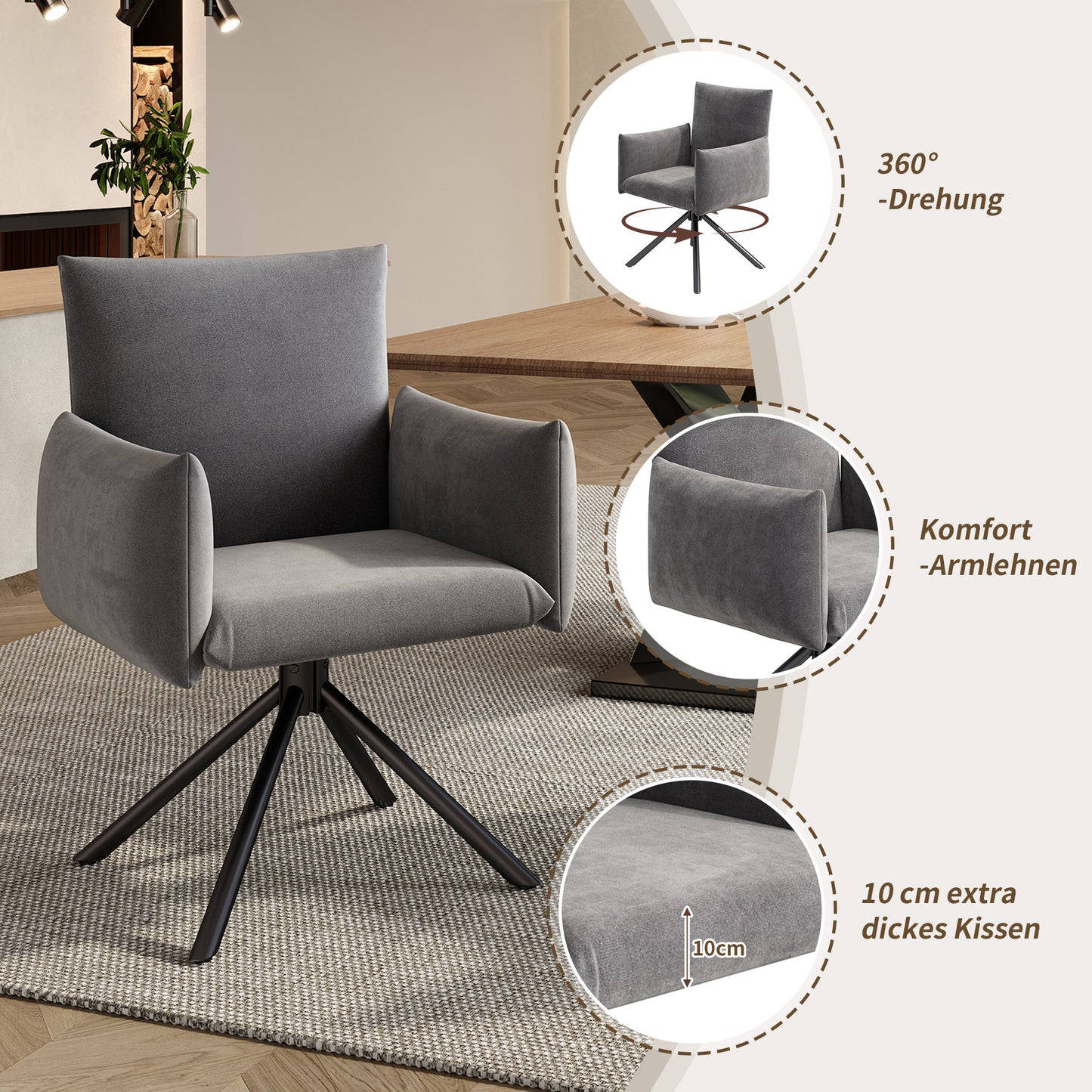 Two Dining Chairs Set, Upholstered Armchair With 4 Metal Legs, 360 Casual Swivel Chair, Living Room Bedroom Chair, Work And Desk Chair, Lumbar Support, Velvet, Gray