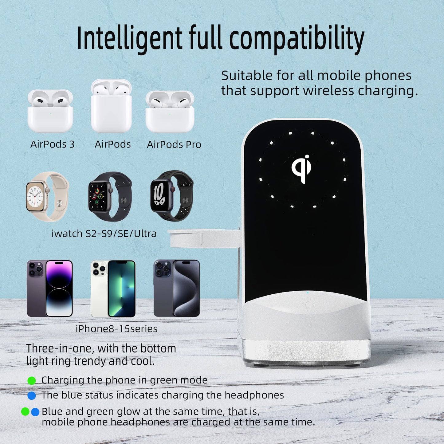 Intelligent Automatic Alignment Three-in-one Wireless Fast Charging Charger Comes With A Watch. The Wireless Charging Cable Is Fully Certified And Can Be Touched By Nightlight.