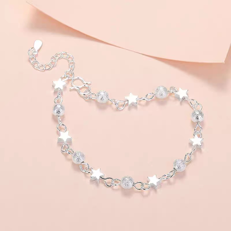 1pc 999 Sterling Silver Star & Frosted Bead Bracelet, Sweet Minimalist Style, Perfect For Daily Wear And Valentine's Gift