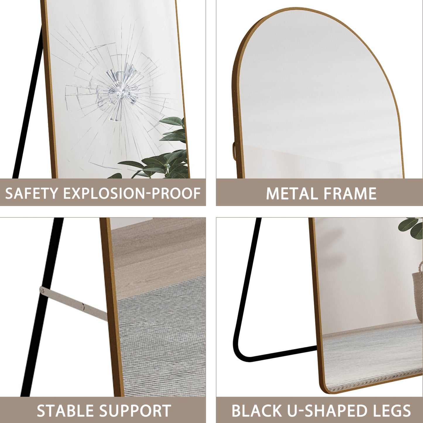 The 4st Generation Of Floor Mounted Full Length Mirrors. Aluminum Alloy Metal Frame Arched Wall Mirror, Bathroom Makeup Mirror, Bedroom Porch, Clothing Store.Gold Frame.64.9 Inx 23.2in