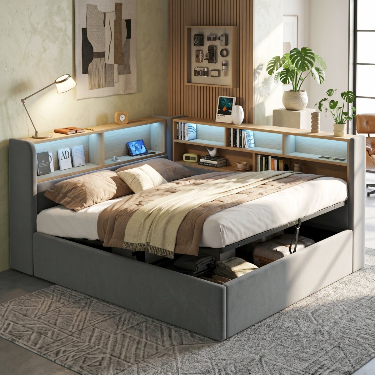 Daybed, L-shaped Upholstered Hydraulic Lift-Up Storage Bed, Sofa Bed With Storage, LED, USB Charging Port, 4FT6 Double Bed 135x190cm, Hydraulic Storage Bed Frame, Velvet, Grey