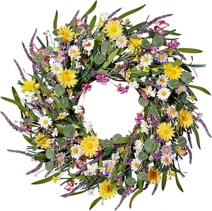 Sggvecsy Daisy and Lavender Wreath 24’’ Wildflower Wreath Spring and Summer Artificial Spring Silk Summer for Front Door H...