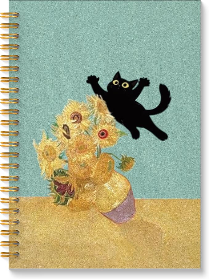 ROXMART Abstract Sunflower Black Cat Spiral Notebook, Cats Lover Gifts Journal, Black Cat Gifts for Women, Whimsical Flora...
