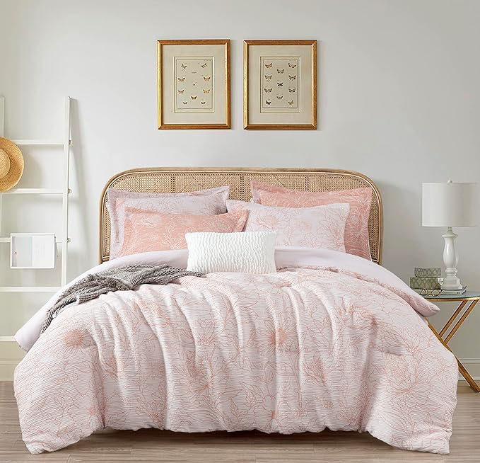 Chezmoi Collection Katrina 6-Piece Floral Comforter Set King Size, White/Coral, Soft Jacquard Textured Lightweight Bedding...