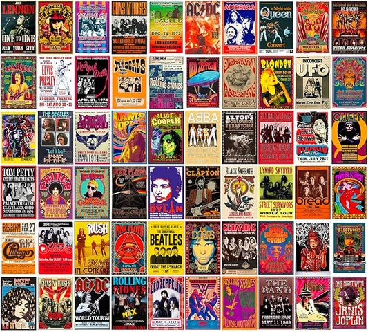 WOONKIT 60 PC Vintage Rock Band Posters, 70s 80s 90s Retro Concert Prints, Bedroom Wall Art, Album Cover Collage, 4x6 Inch...