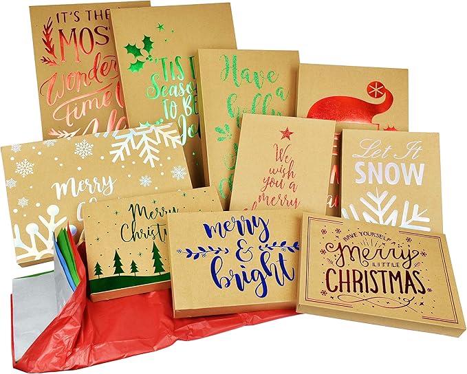 10 Pack Christmas Kraft Gift Boxes and Tissue Paper Bundle with Foil Designs