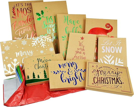 10 Pack Christmas Kraft Gift Boxes and Tissue Paper Bundle with Foil Designs