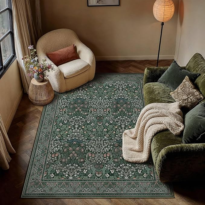 HUGEAR Vintage Floral Machine Washable 5x7 Area Rugs Green Living Room Bedroom Rug Retro Neutral Stain Resistant Non Slip ...