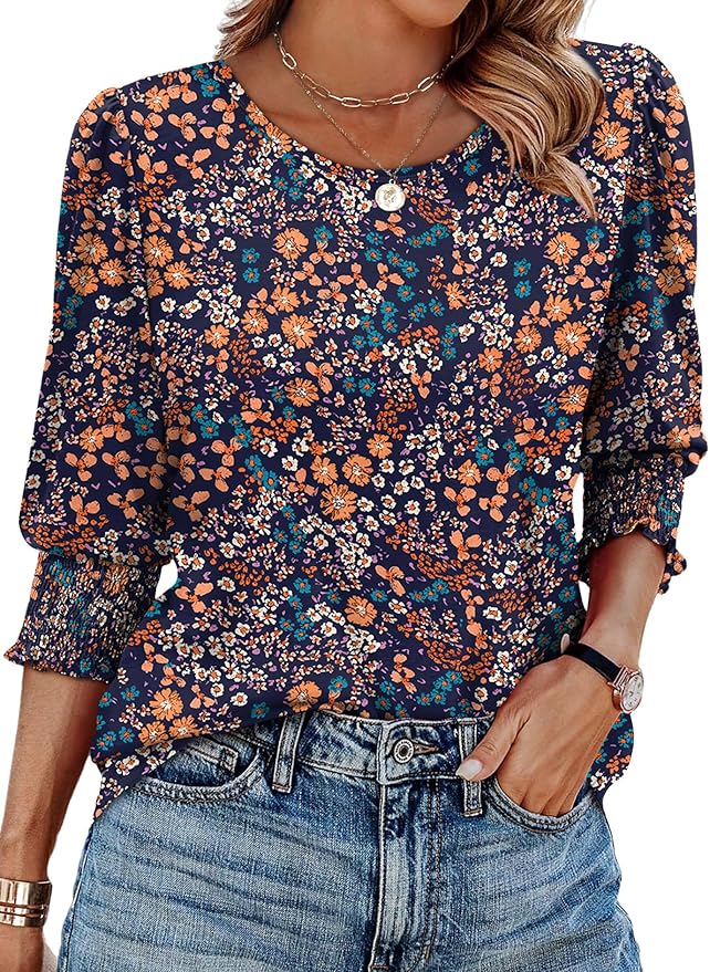 XIEERDUO Blouses for Women Dressy Casual 3/4 Length Sleeve Womens Tops with Smocked Cuffs