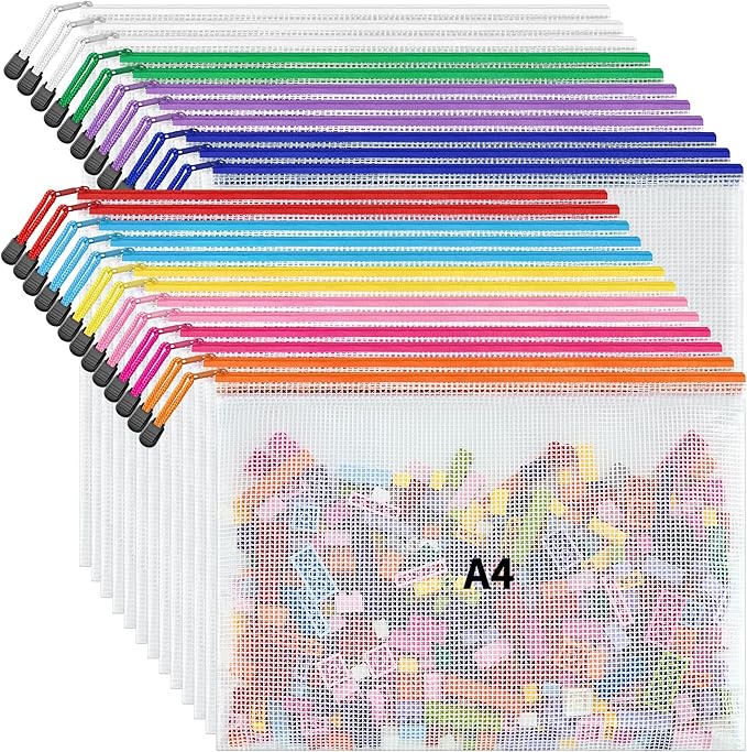 JARLINK A4 Letter Size 24 Pack 10 Colors Zipper Mesh Document Pouch, Mesh Bags for Board Games & Puzzles, Waterproof Docum...