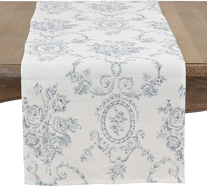 SARO LIFESTYLE Ornate Floral Linen Blend Table Runner – Decorative Table Runner for Dining & Console Tables, 16"x90"