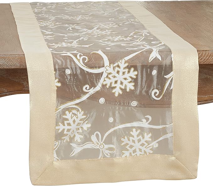 SARO LIFESTYLE Felicity Collection Printed Snowflake and Ribbon Table Runner, 16"x72", Gold