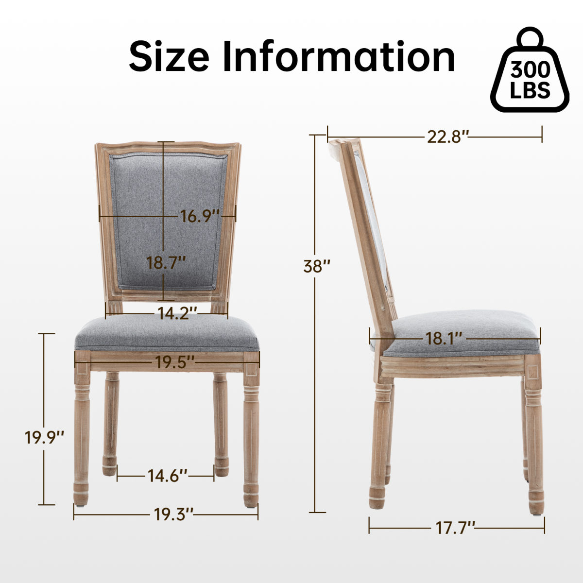 Farmhouse Solid Wood Frame Dining Chairs with Cushioned Linen Seat & Top-Wide Backrest for Kitchen, Dining Room, Living Room, Grey, Set of 2
