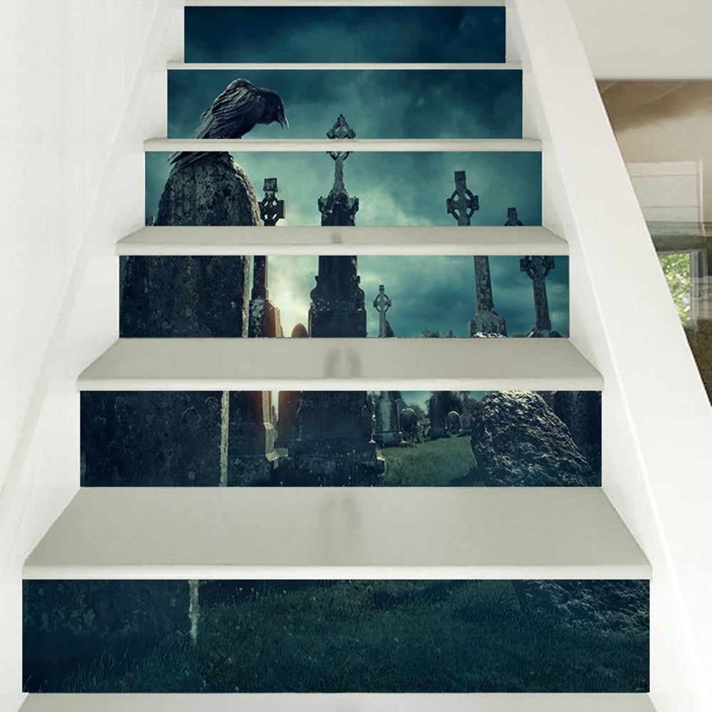 Halloween 3D Waterproof Stair Wall Crow Tombstone Stickers Home Party Decoration