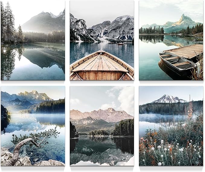Nature Lake Landscape Wall Art: Unframed Pier Boat Poster Decor Forest Mountain Scenery Prints Photography Relaxing Theme ...