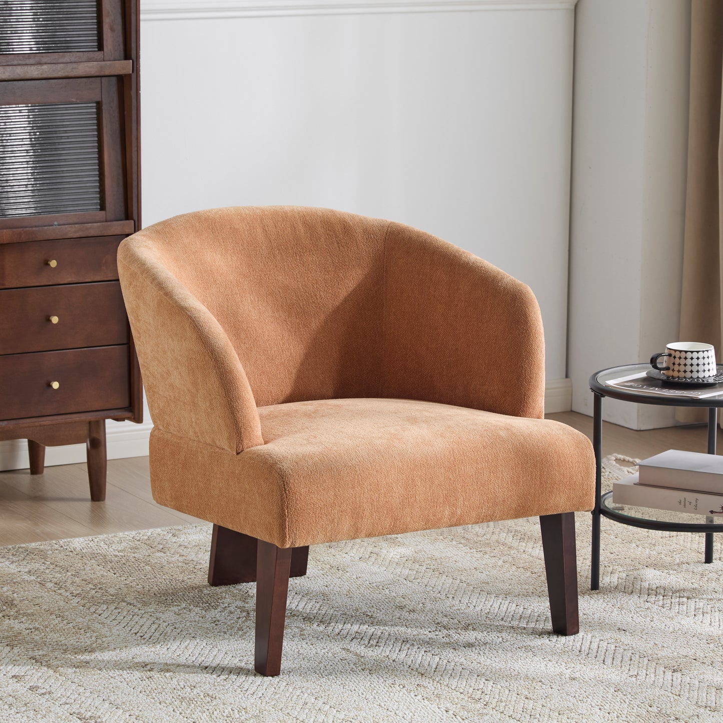 Modern Accent Chair With Round Back & Wooden Legs - Mid-Century Inspired Lounge Chair For Living Room, Bedroom, Or Office - Soft Fabric Upholstery