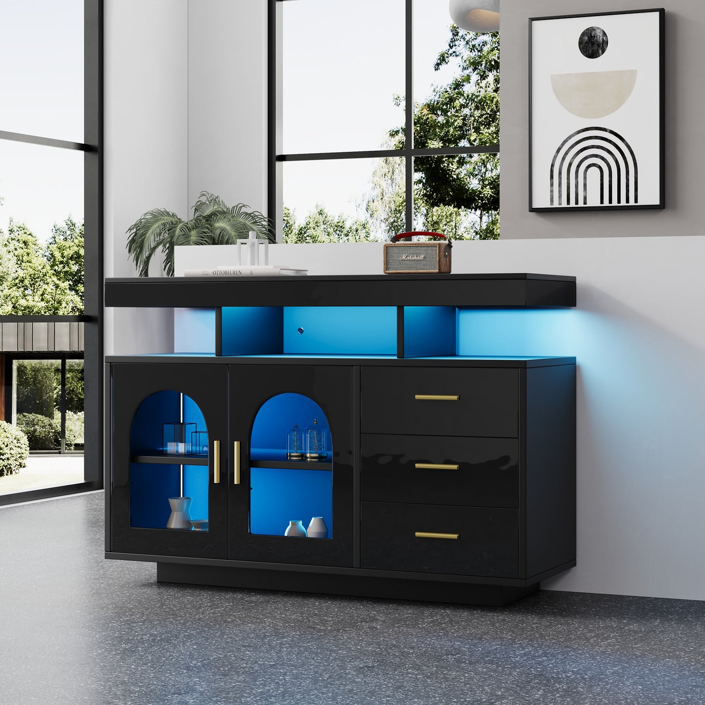323704705BAA LED Sideboard Buffet Cabinet, 120cm Coffee Bar Cabinet, Drawer Cabinet, Living Room Sideboard, High Gloss Kitchen Cabinet With 16 Color Lights For Dining Room  Black