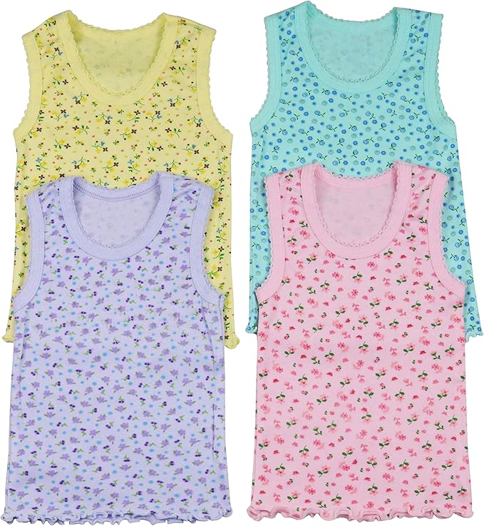 ToBeInStyle Girl's 4 Pack 100% Cotton Ruffle Hem Tank Tops Super Soft Undershirts
