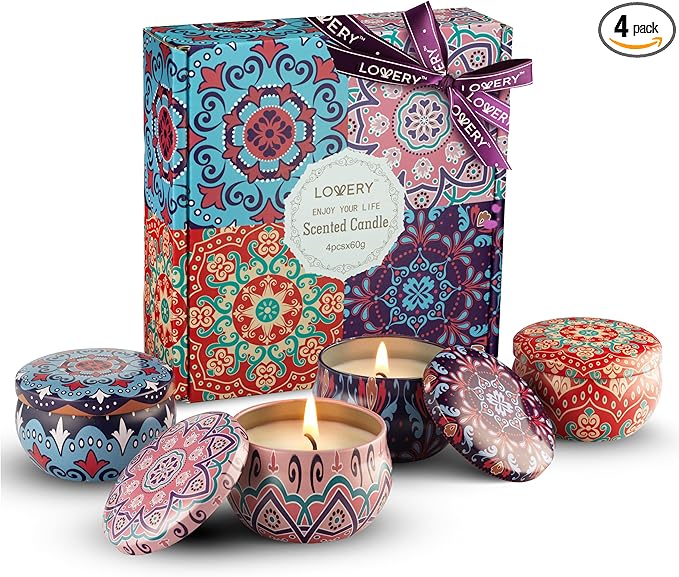 LOVERY 4 Pack Soy Candle Gift Set, Scented Candles, 10% Essential Oil Aromatherapy, 120h Burning, Stress Relief Gifts for ...
