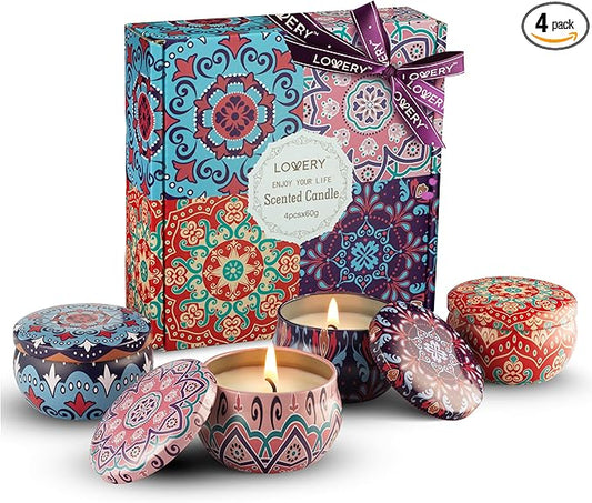 LOVERY 4 Pack Soy Candle Gift Set, Scented Candles, 10% Essential Oil Aromatherapy, 120h Burning, Stress Relief Gifts for ...