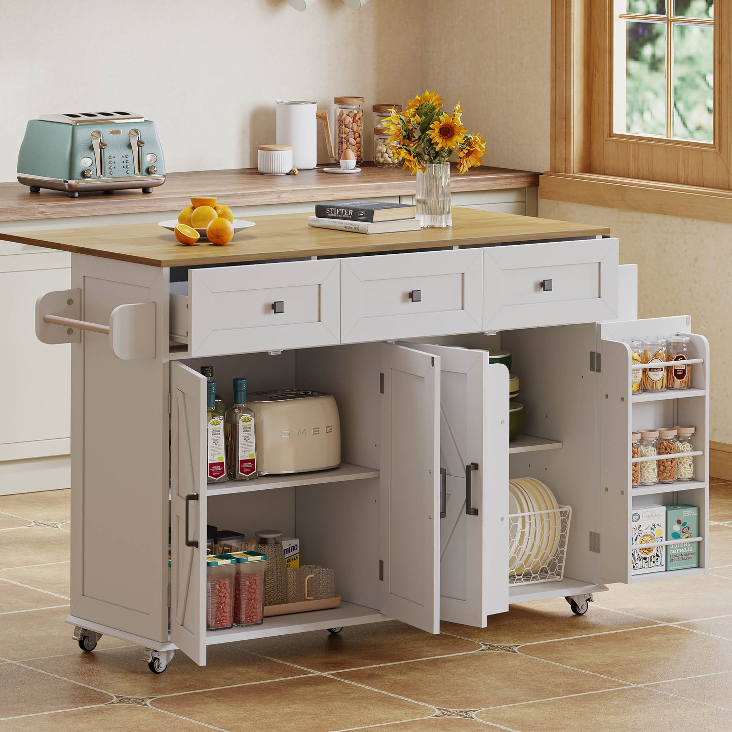 Kitchen Island With Folding Worktop, Equipped With 5 Lockable Castors, 4 Doors, 3 Drawers, Door Shelf, Double-sided Towel Rails, Barn Style Design, White, 140x43 X90.5 Cm.